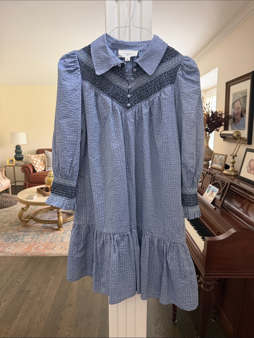 Pomander Place Light Blue Smocked Collar Button Front Top